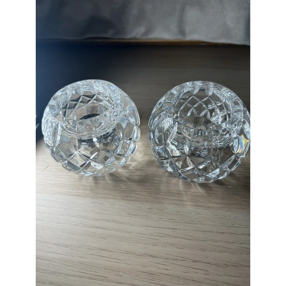 Crystal round reversible heavy diamond cut taper/tealight candle holder set of 2